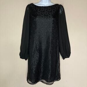 Eliza J Black Floral Lace Shift Dress Semi Sheer Long Sleeves Boat Neck Size 6